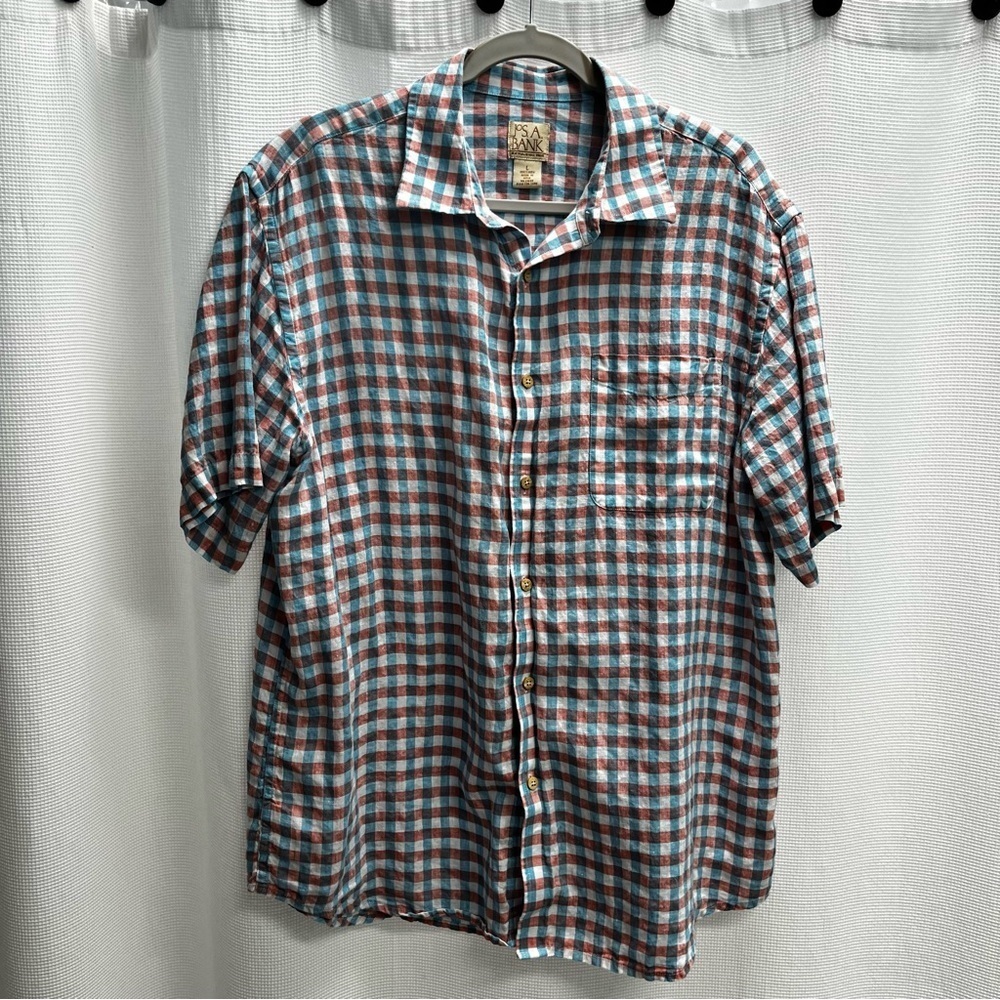 Jos.A.Bank Mens 100% Linen Blue and Pink‎ Check Button Front Shirt Large Classic